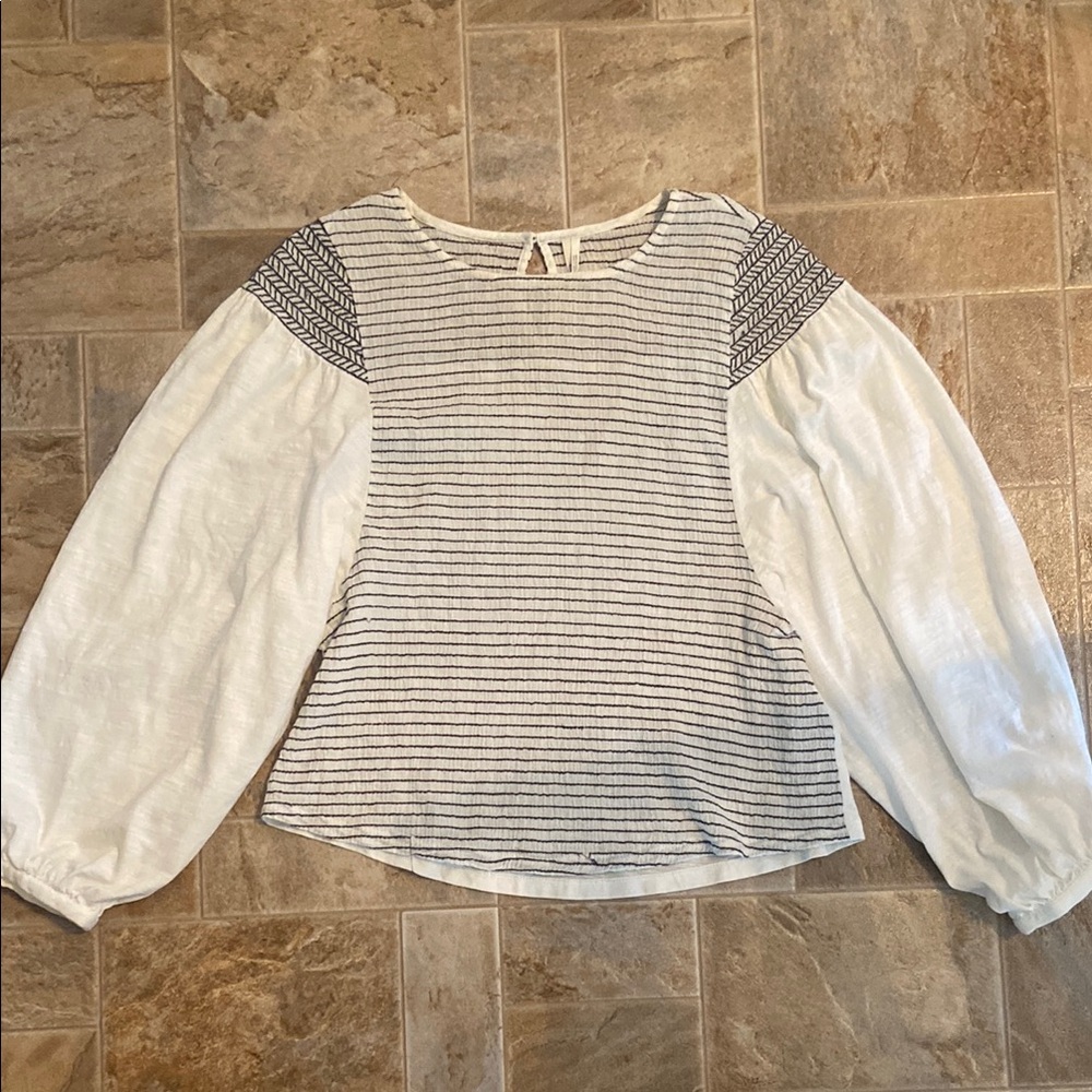 Anthropology XS Striped white&blue Long Sleeve Blouse, 100% cotton, embroidered